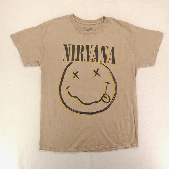 Nirvana Band Casual Crew Neck Graphic T-Shirt Adult Mens Size Large L Tan - Picture 1 of 6